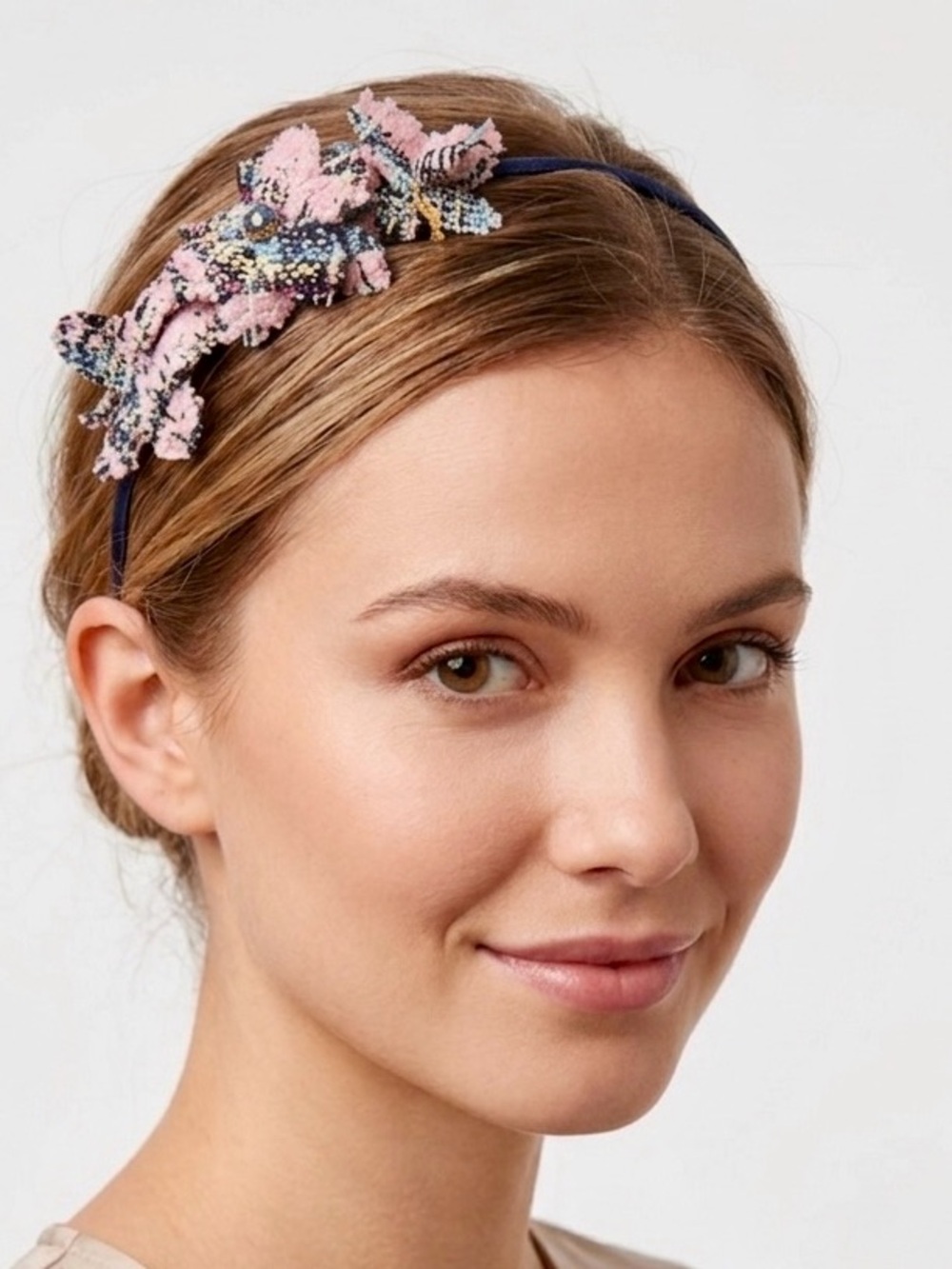 TASHA Nordstrom Tartan Plaid Fabric Flower Pink & Navy Headband Hair Band
